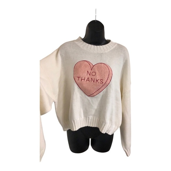 Jessica Simpson cream pink tufted embroidered heart No Thanks sweater size M - Picture 7 of 12
